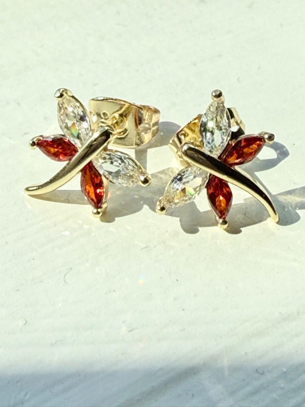 NEW! 18k gold plated dragonfly Stud Earrings with Red and Clear Stones